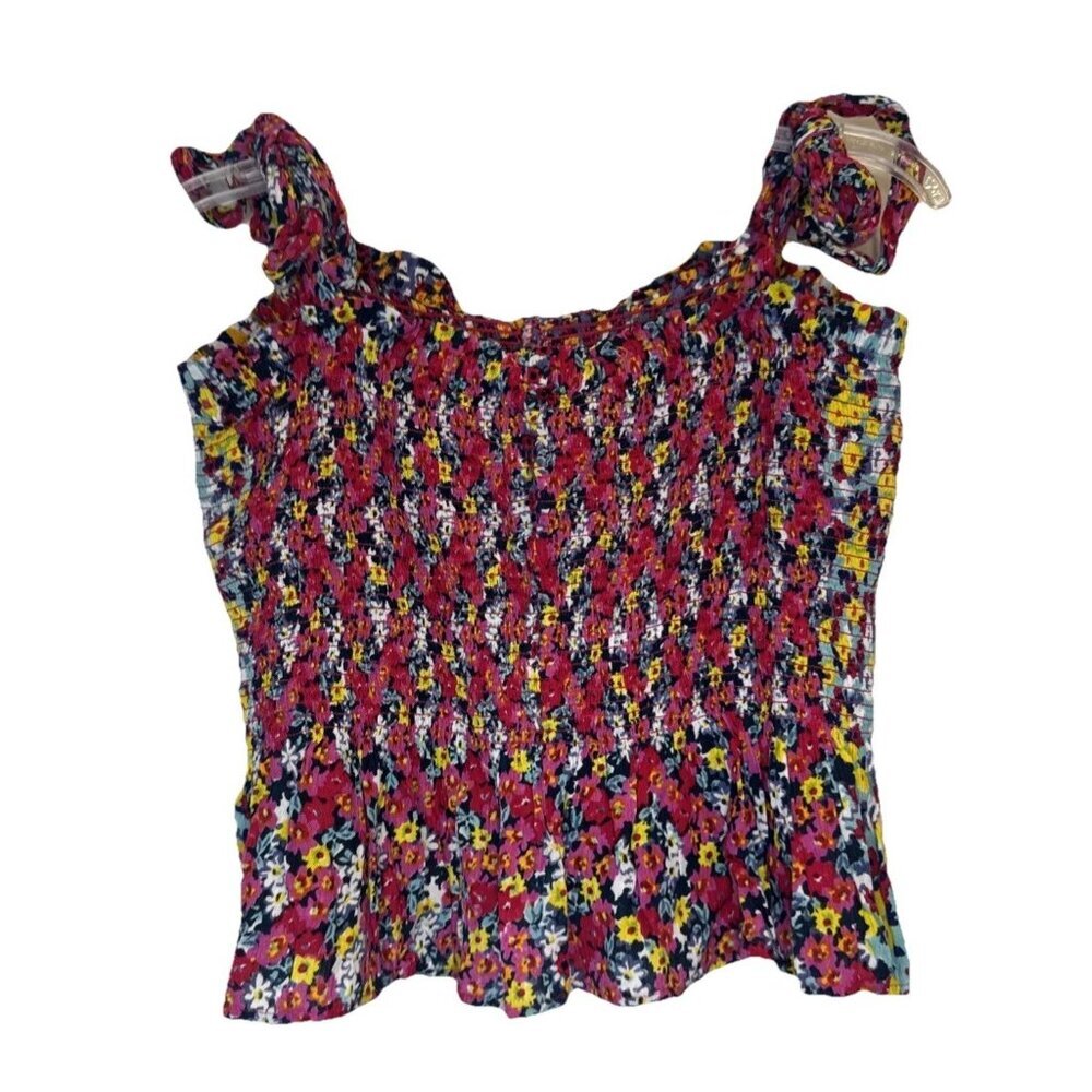 Patrons of Peace Colorful Floral Smocked‎ Ruffle Tie Straps Rayon Crop Top Sz L